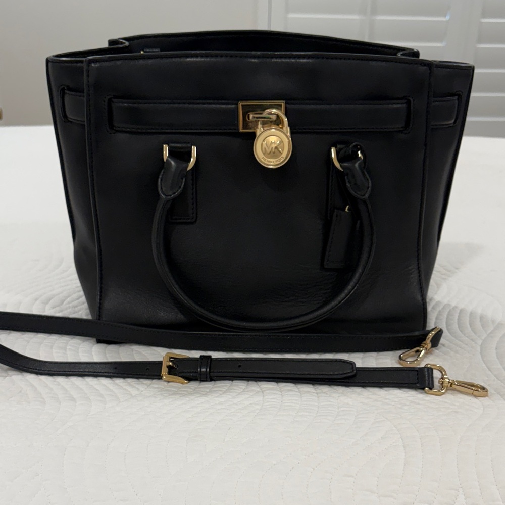 MICHAEL Michael Kors Black Hamilton Satchel with Gold Accents